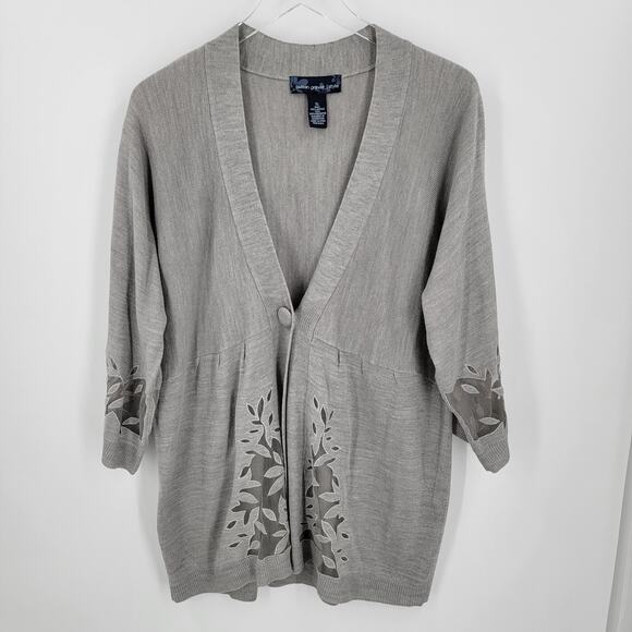 Susan Graver Cardigan Womens XL Gray Mesh Botanical Cutout One Button Snap - Picture 5 of 11